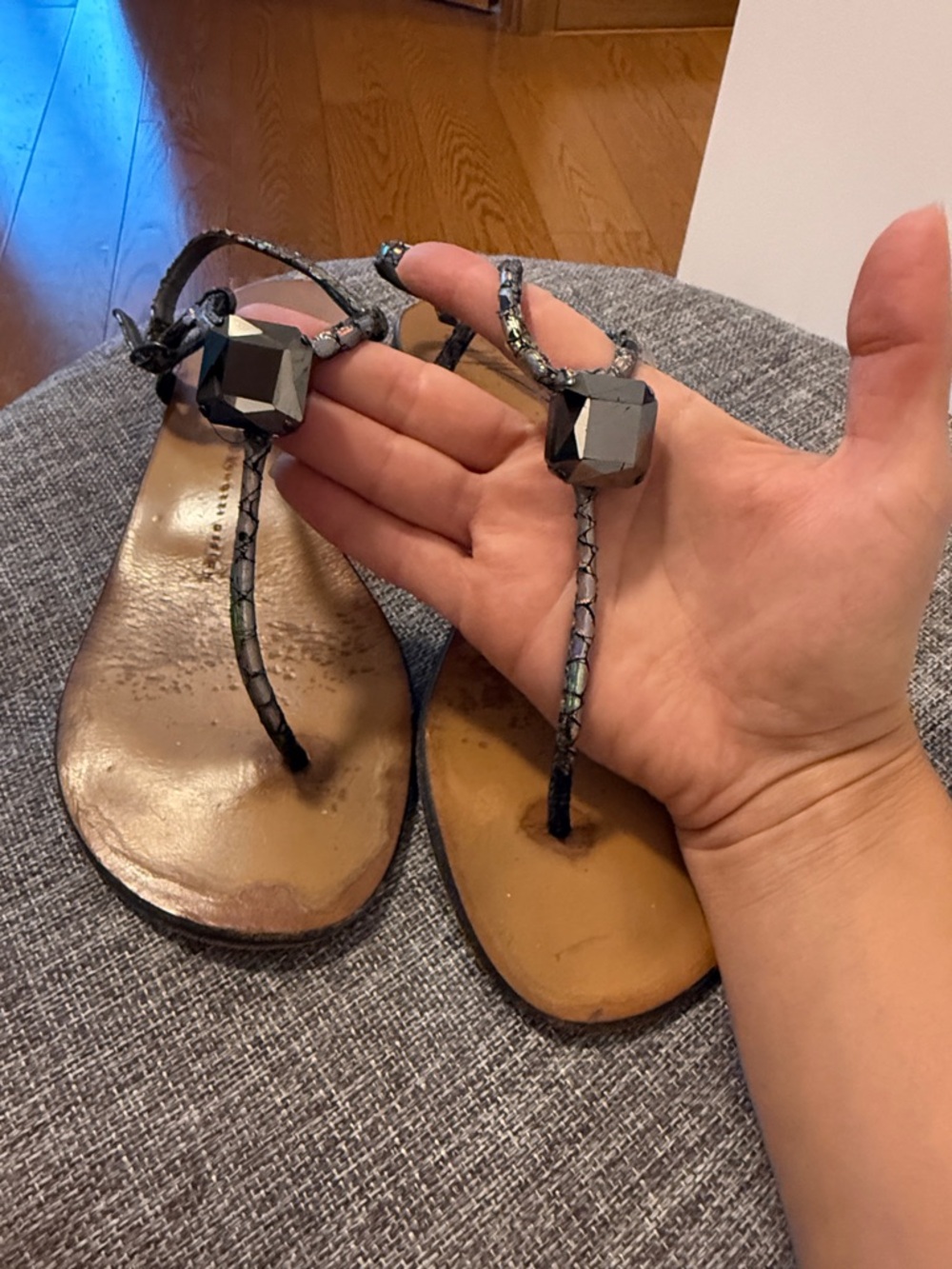 Giuseppe Zanotti Black Jeweled T-Strap Sandals